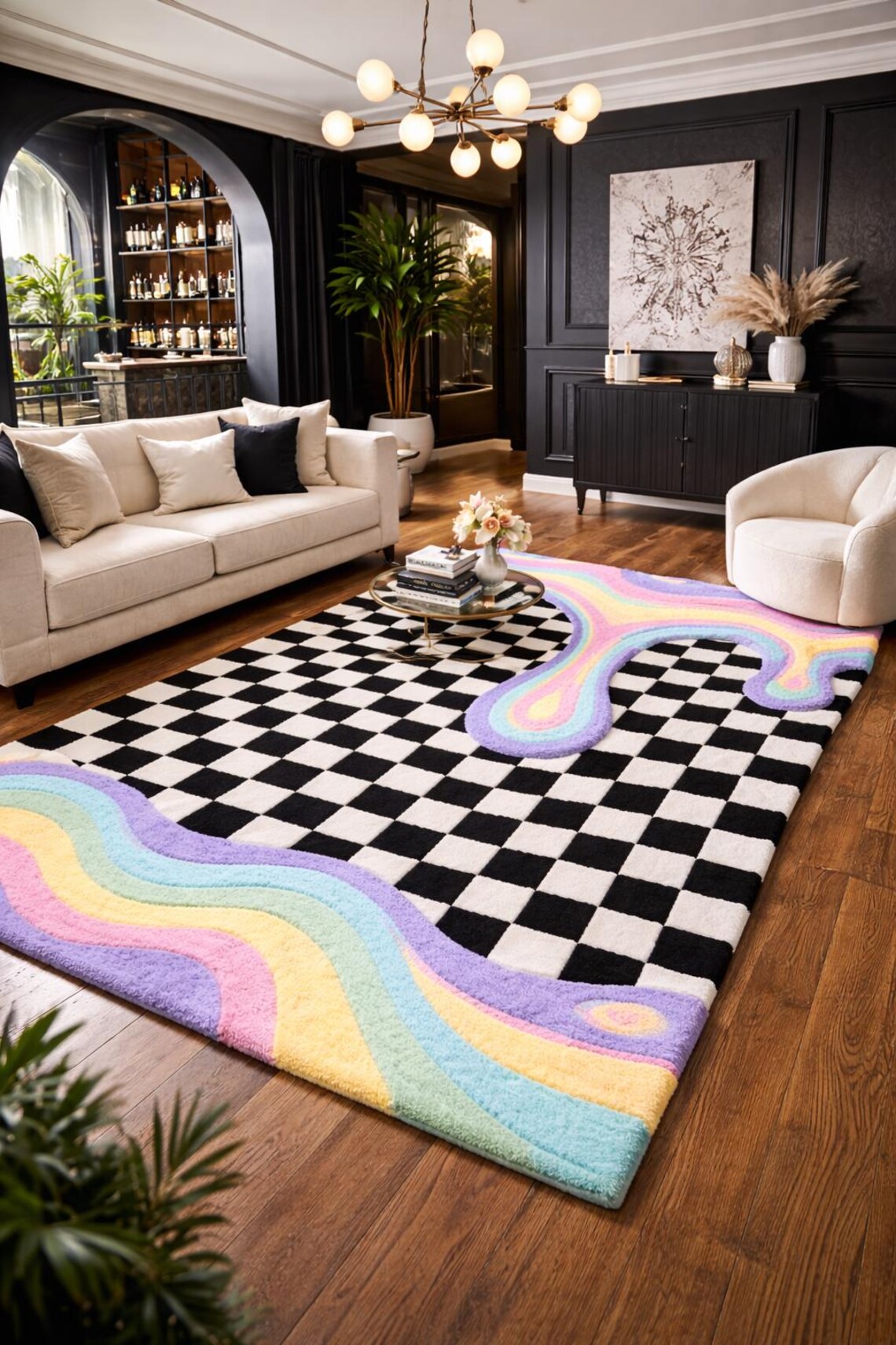 Wavy Checker Pattern Rug Checkered Drip Melting Pastel Wave Rainbow Wool Hand Tufted Rug–funky ...