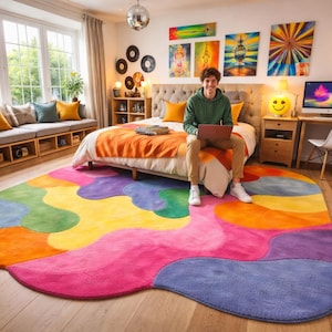 Handmade colorful abstract wool rug with plush tufted texture and modern funky design