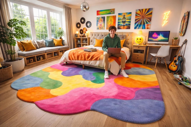 Handmade colorful abstract wool rug with plush tufted texture and modern funky design