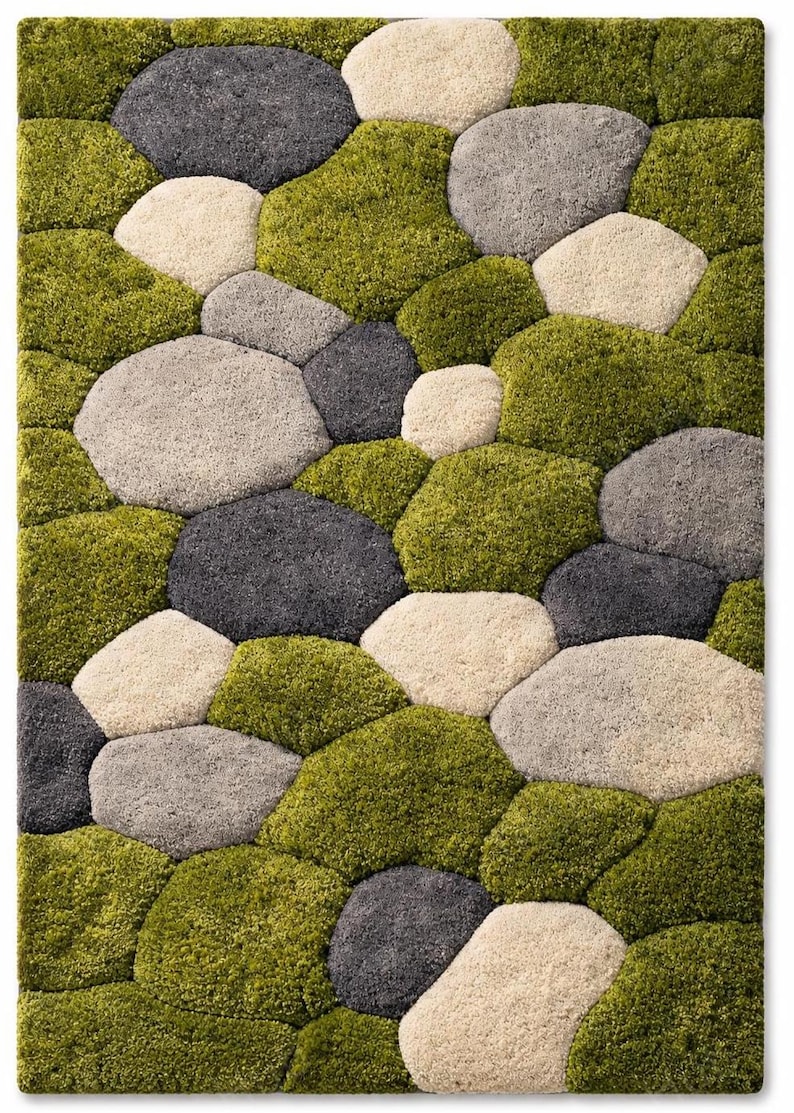 Hand Tufted Moss Pebble Rug, Sculpted Organic Stone Path Luxury Green ...