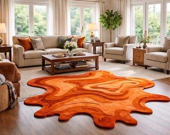 Irregular Shape Melting Abstract Wavy Orange Hand Tufted Designer Rug For Contemporary Statement Home Decor High And Low Pile