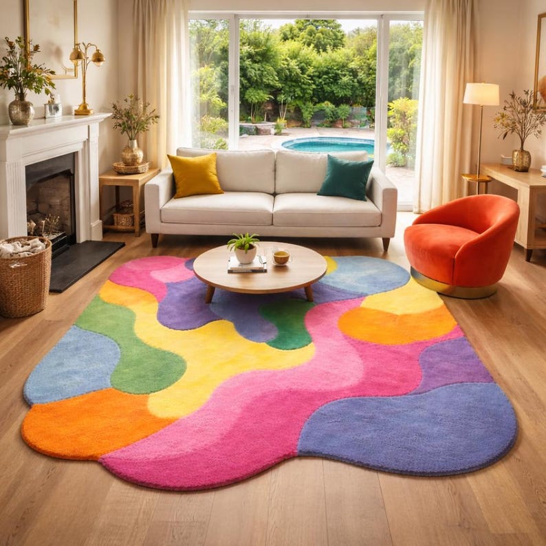May include: A colorful, abstract area rug with a wavy, cloud-like design. The rug features vibrant hues of orange, pink, yellow, green, purple, and blue. It's placed in a living room with a white sofa, orange chair, and a fireplace.
