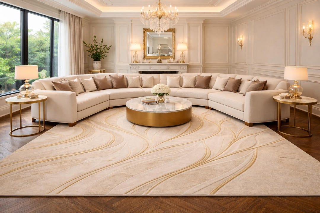 Modern Cream & Gold Abstract 3D Sculpted Luxury Hand Tufted Wool Rug ...