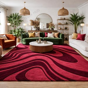Burgundy Blush Pink Abstract Hand Tufted Rug, Modern Wavy Pattern Luxury Large Living Room Rug, Psychedelic Art Carpet