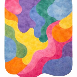May include: A colorful, abstract rug with a rounded rectangular shape. The rug features a pattern of flowing, organic shapes in shades of pink, orange, yellow, green, blue, and purple. The rug is designed for home decor.