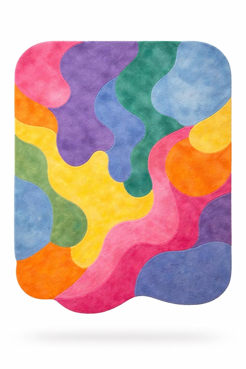 May include: A colorful, abstract rug with a rounded rectangular shape. The rug features a pattern of flowing, organic shapes in shades of pink, orange, yellow, green, blue, and purple. The rug is designed for home decor.