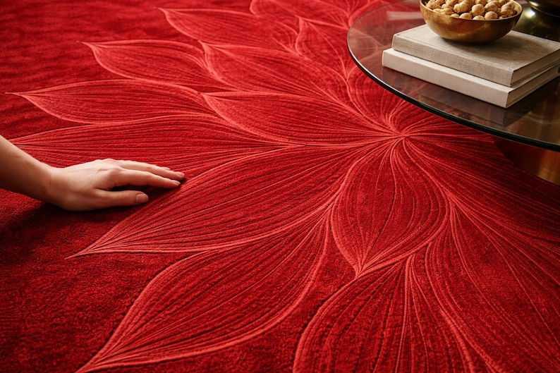 Modern Red Floral Embossed Designed Hand Tufted Wool Area Rug – Living ...