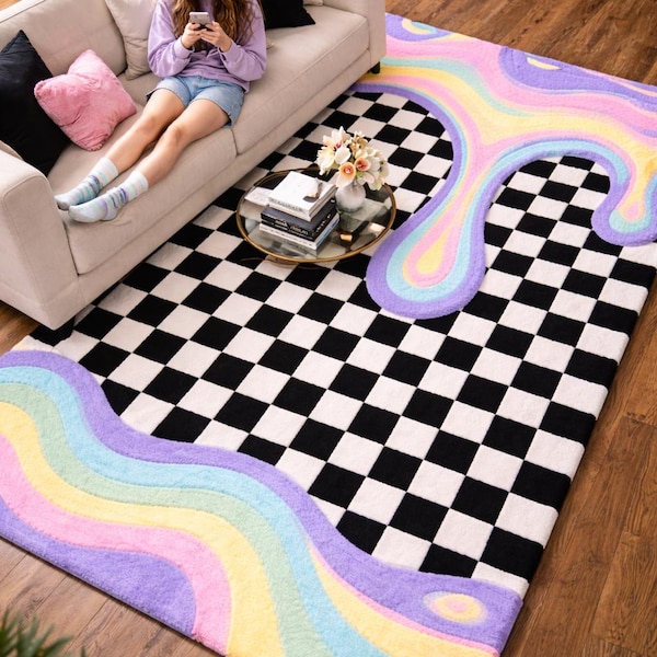 Checkered Drip Melting Pastel Wave Rainbow Wool Hand Tufted Rug–Funky Modern Statement Carpet