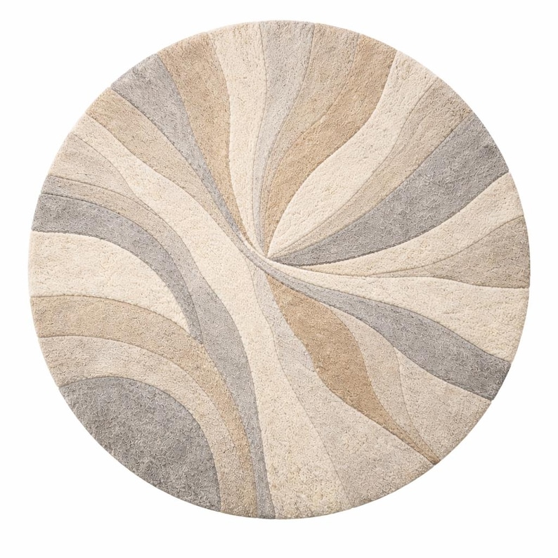 Modern Subtle Design Rug Modern Subtle Earth Tones Wave Round Rug– Cream Beige Artistic Pastel ...