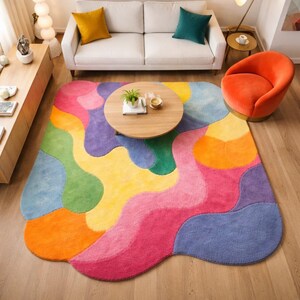 Modern funky area rug in bedroom decor with vibrant abstract shapes