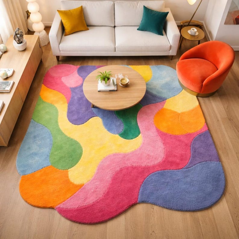 Modern funky area rug in bedroom decor with vibrant abstract shapes