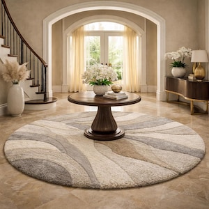 Textured Neutral Round Rug Modern Subtle Earth Tones Wave Round Rug– Cream Beige Artistic Pastel ...