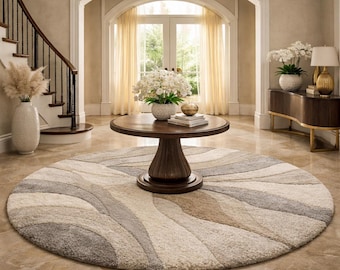Modern Subtle Earth Tones Wave Round Rug– Cream Beige Artistic Pastel Accent Oval Mat-Earthy