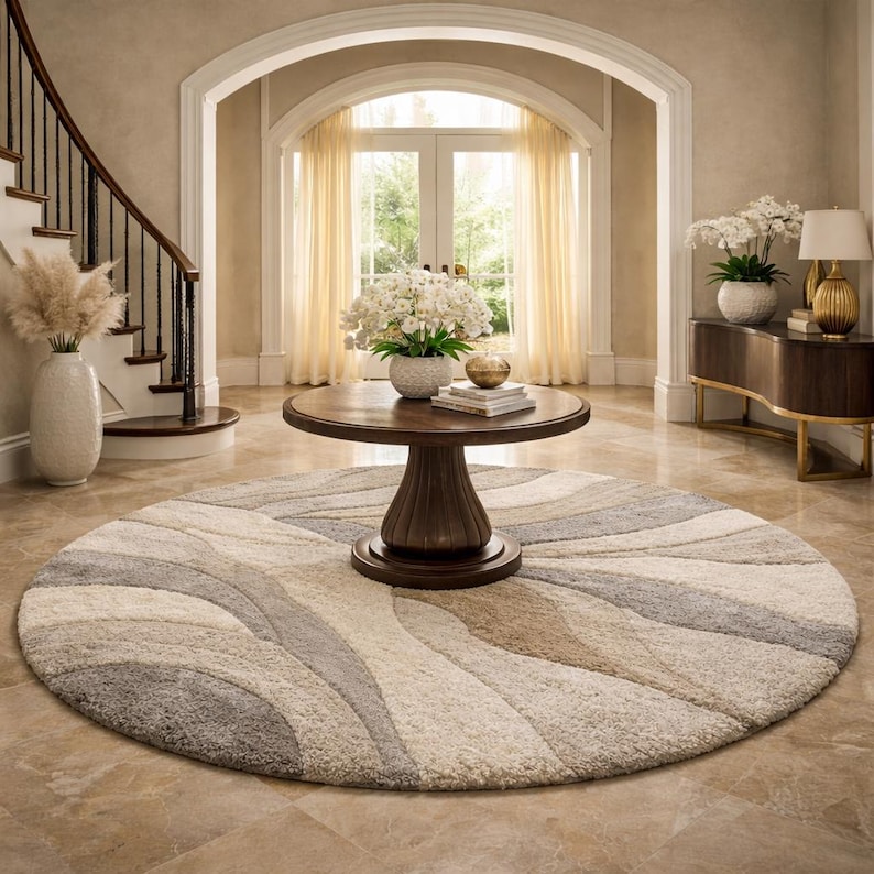 Subtle Rug Modern Subtle Earth Tones Wave Round Rug– Cream Beige Artistic Pastel ...