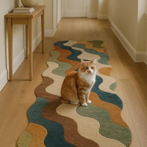 May include: A multi-coloured, wavy-patterned rug in shades of blue, green, brown, and beige. An orange and white cat sits on the rug in a hallway with a wooden floor. A small wooden table with a vase of greenery is visible.