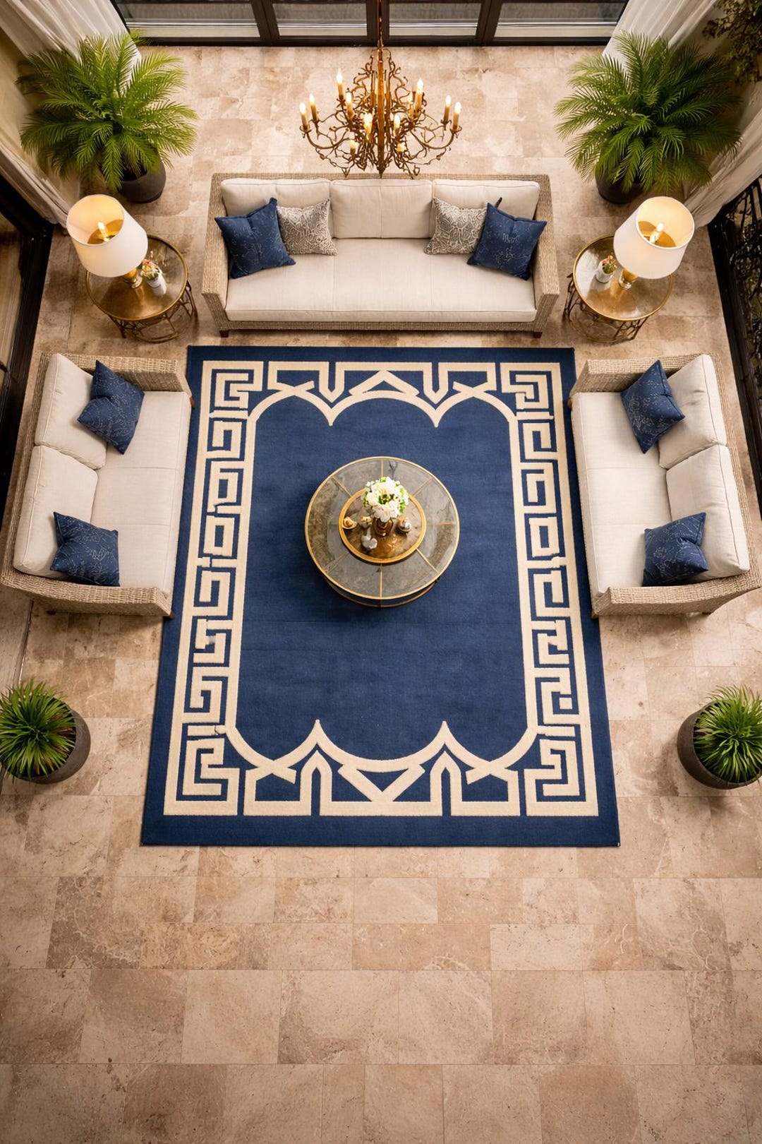 Cream Rug Key Design Modern Geometric Blue & Cream Greek Key Border Hand Tufted Wool Rug ...