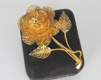 Large Spun Silver 835 Filigree Rose Flower Brooch  gold wash  2.5 inches long Portugal 1960s jewelry