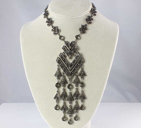 Chevron Goldette Gray Crystal Necklace, silver to… - image 4
