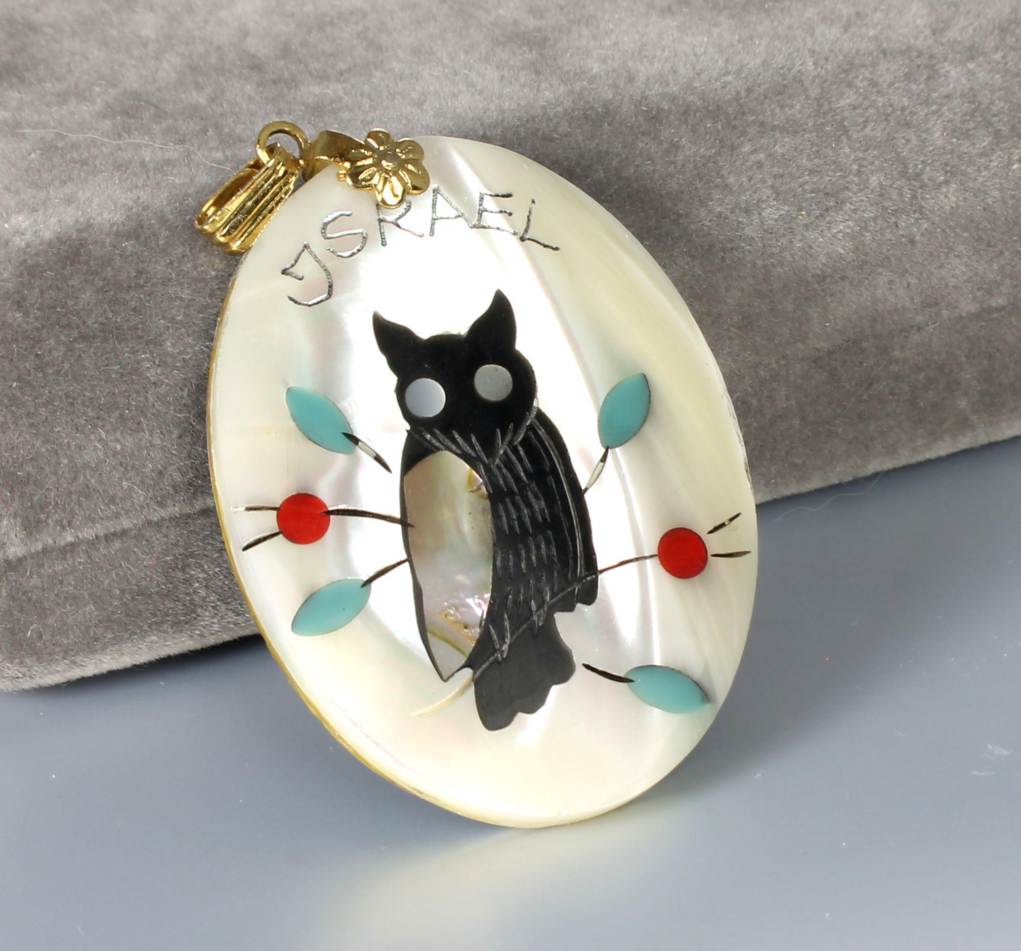 Inlay Mother of Pearl Owl Pendant with coral, onyx and turquoise, Israel jewelry