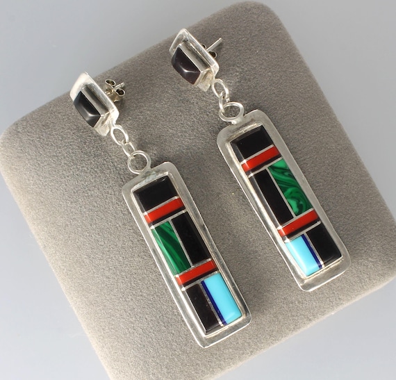 ZUNI Sterling Multi Stone Inlay Dangle Earrings N… - image 1
