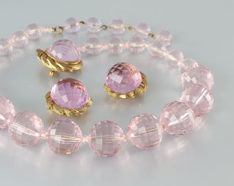 West Germany Lavender faceted Lucite Necklace Earrings set, 1960s jewelry, demi parure