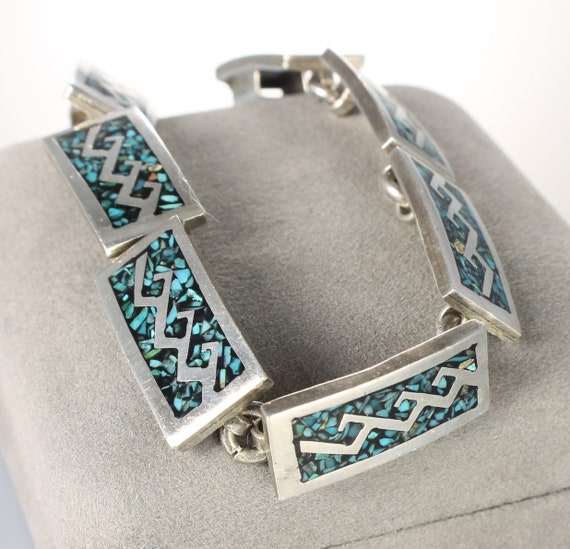 Heavy 925 Taxco Mexico Sterling Inlay Crushed Turquoise Link