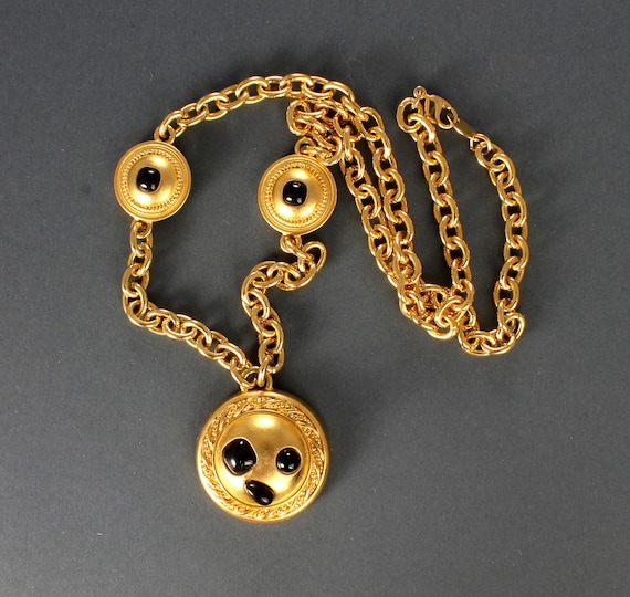 1990s Matte Gold Black Glass Cabochon Necklace, thick rolo chain