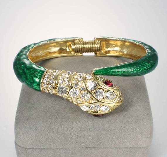 KJL Green Enamel Rhinestone Snake Bangle Bracelet, Clamper