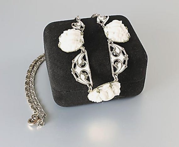 Art Deco White Enamel carved Glass Lily of the Valley Necklace, antique 1920s jewelry