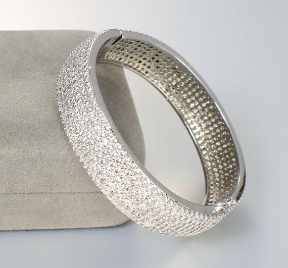 Clear Pave Rhinestone Hinged Bangle Bracelet, art… - image 1