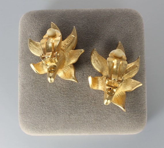 Erwin Pearl Lily flower Earrings rhinestones gold… - image 3