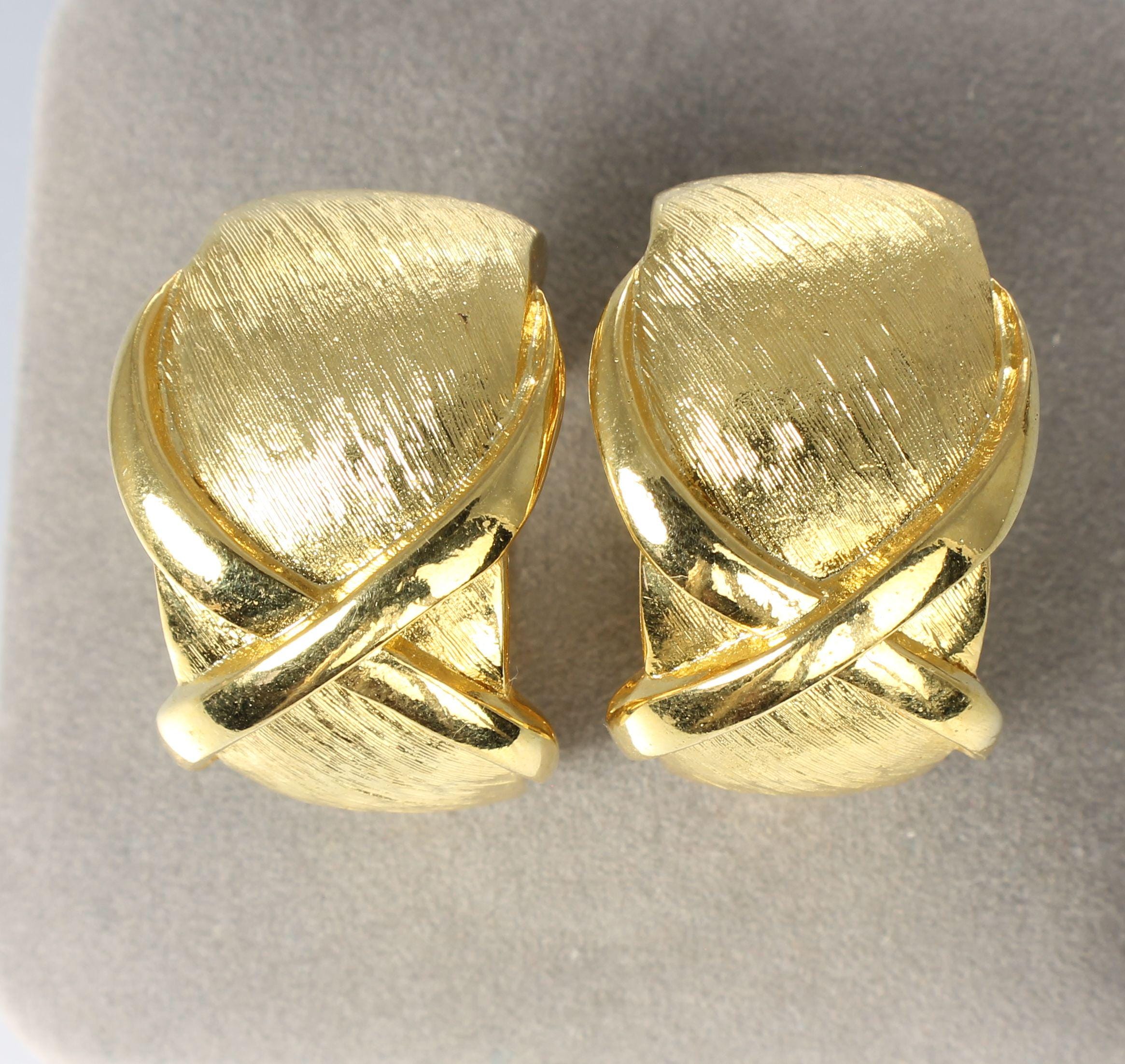 Bold 1980s Criss Cross Half Hoop Earrings, Clip On, Brushed Gold