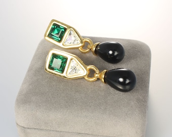 Quality Monet faux Emerald Diamond Earrings green clear crystal black lucite drop gold tone 1980s jewelry