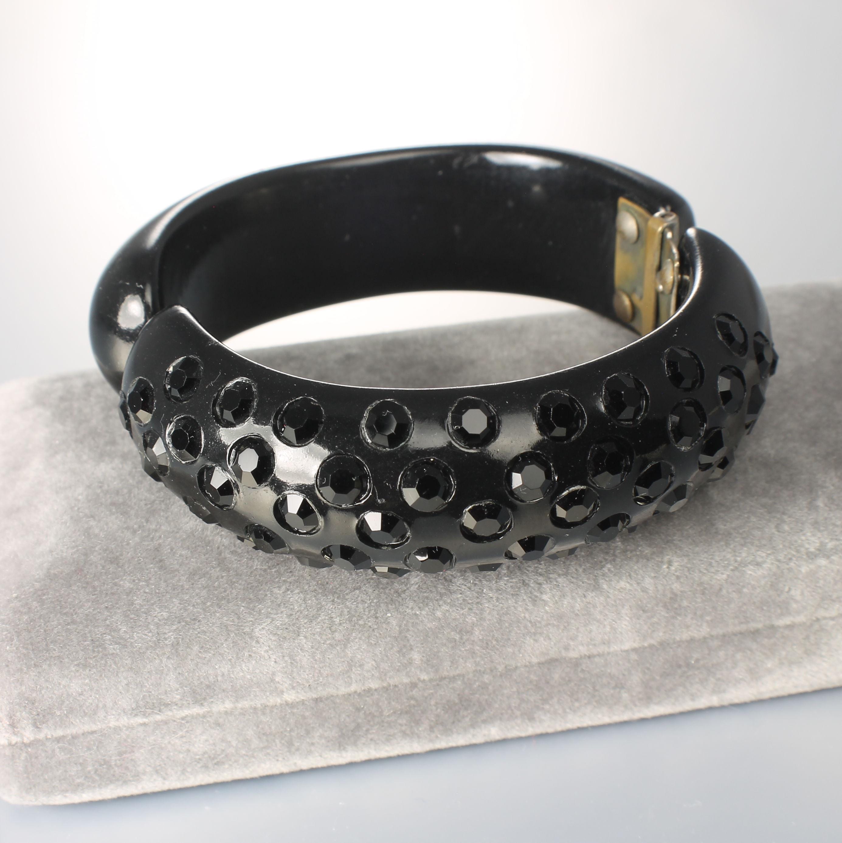 Black Rhinestone Lucite Clamper Hinged Bangle Bracelet 1960s Mid