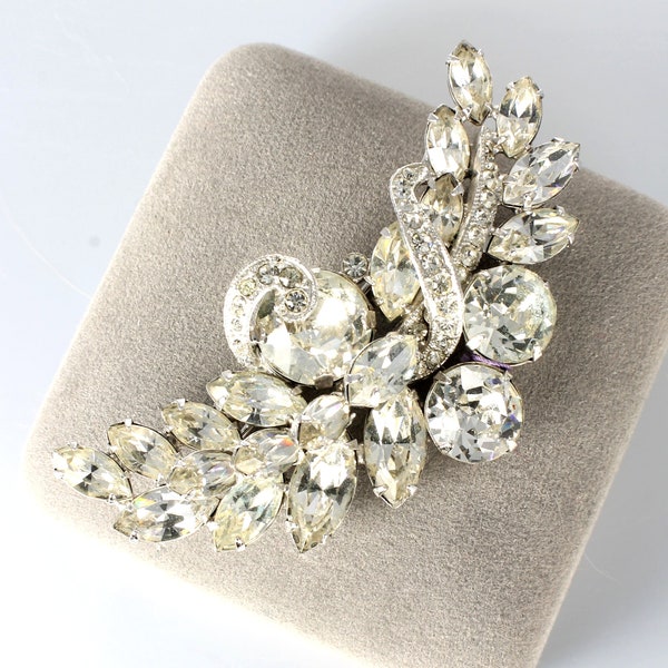 Eisenberg Clear Rhinestone Brooch Pin, layered, rhodium plated, 1960s jewelry