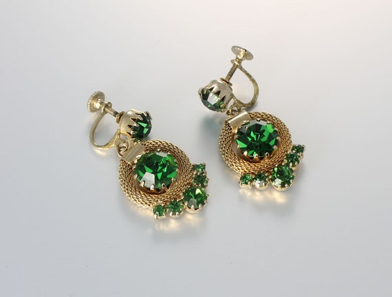 Peridot Green Rhinestone mesh Earrings gold tone … - image 1