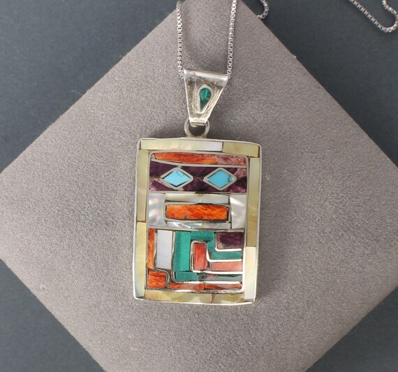 Silver 950 Multi Gemstone Inlay Rectangle Pendant… - image 2