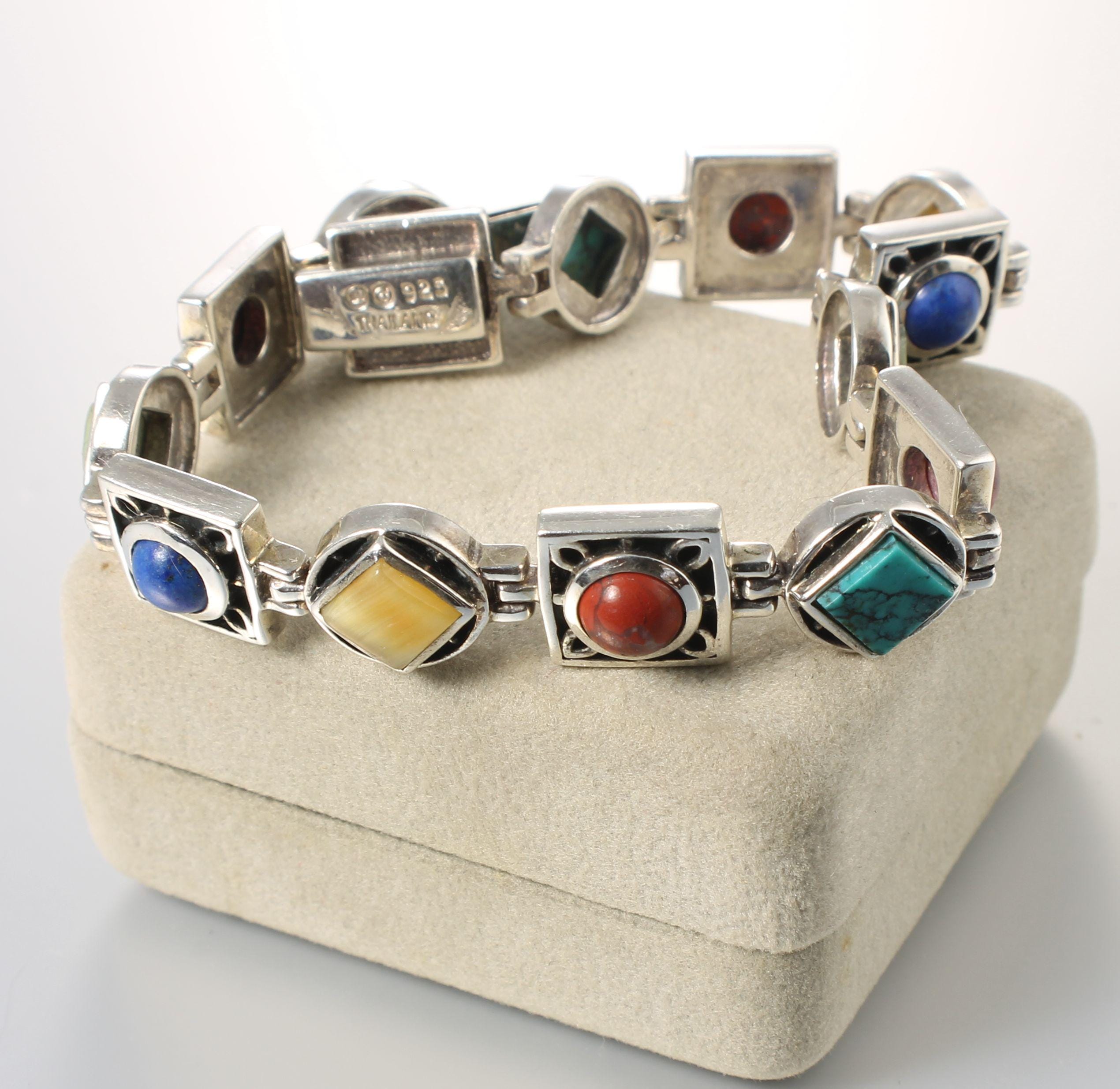 Sterling Silver Multi Gemstone Bracelet, Thailand 925, 7.5 Inches