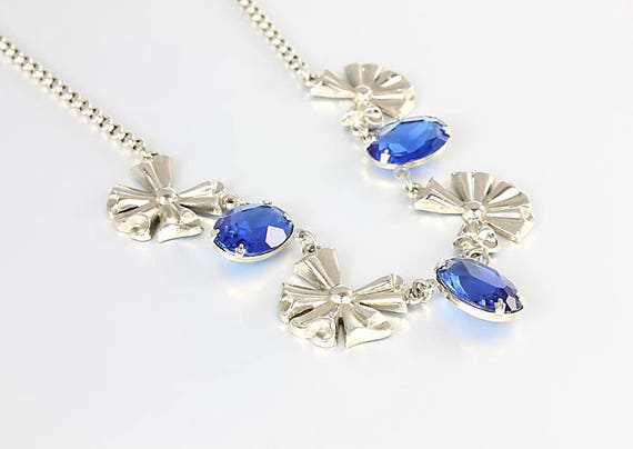 Coro Blue glass Necklace silver tone ribbon bow 1… - image 2