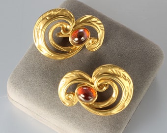 Fire Opal glass Earrings gold tone scroll 1980s jewelry