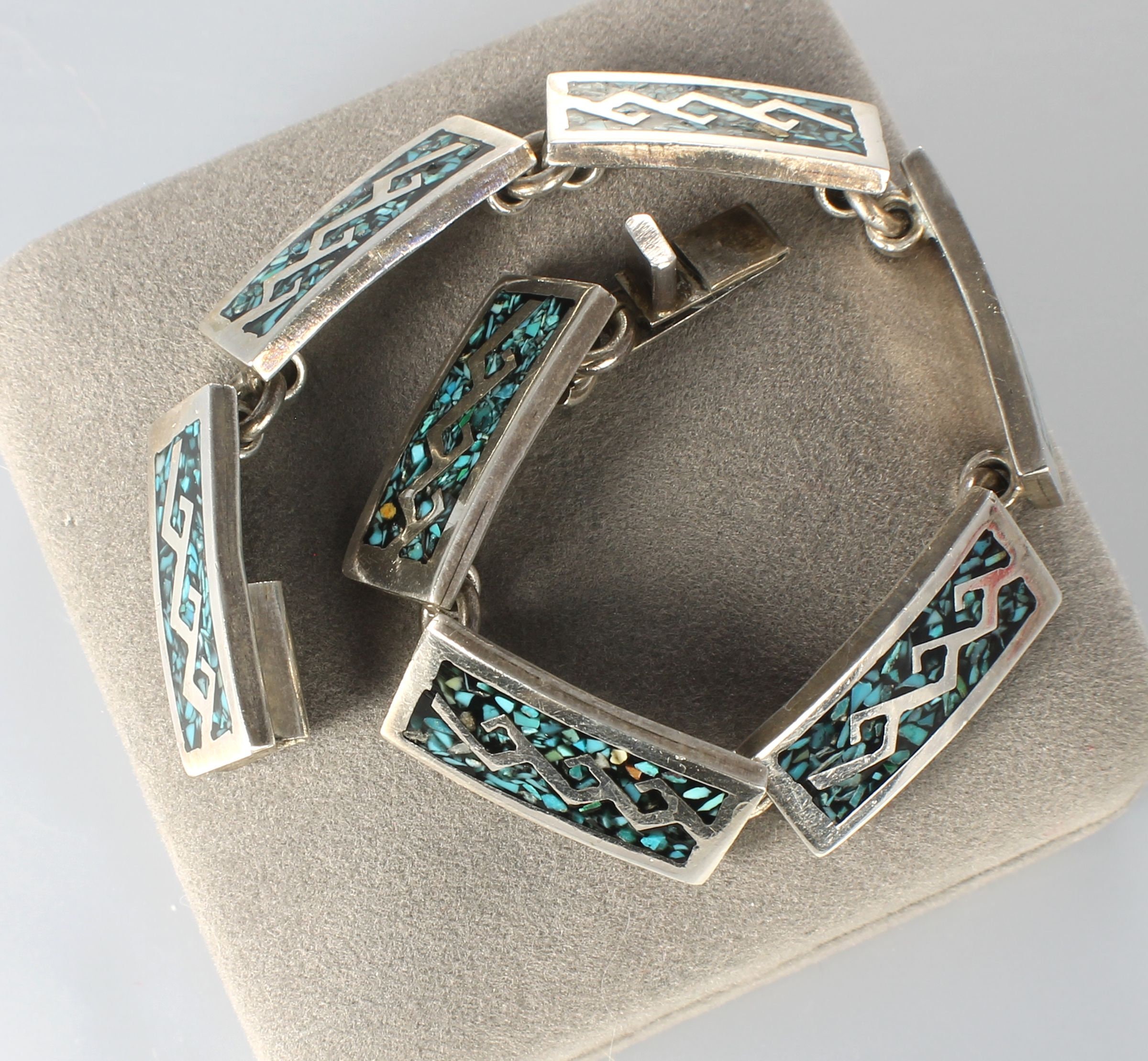 Sterling Inlay Crushed Turquoise Bracelet Mexico Taxco Sterling Inlay Crushed Turquoise Bracelet Mexico Taxco
