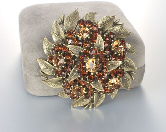 Brown Topaz rhinestone Pinwheel Flower Brooch  domed layered Antique Finish 1960s jewelry