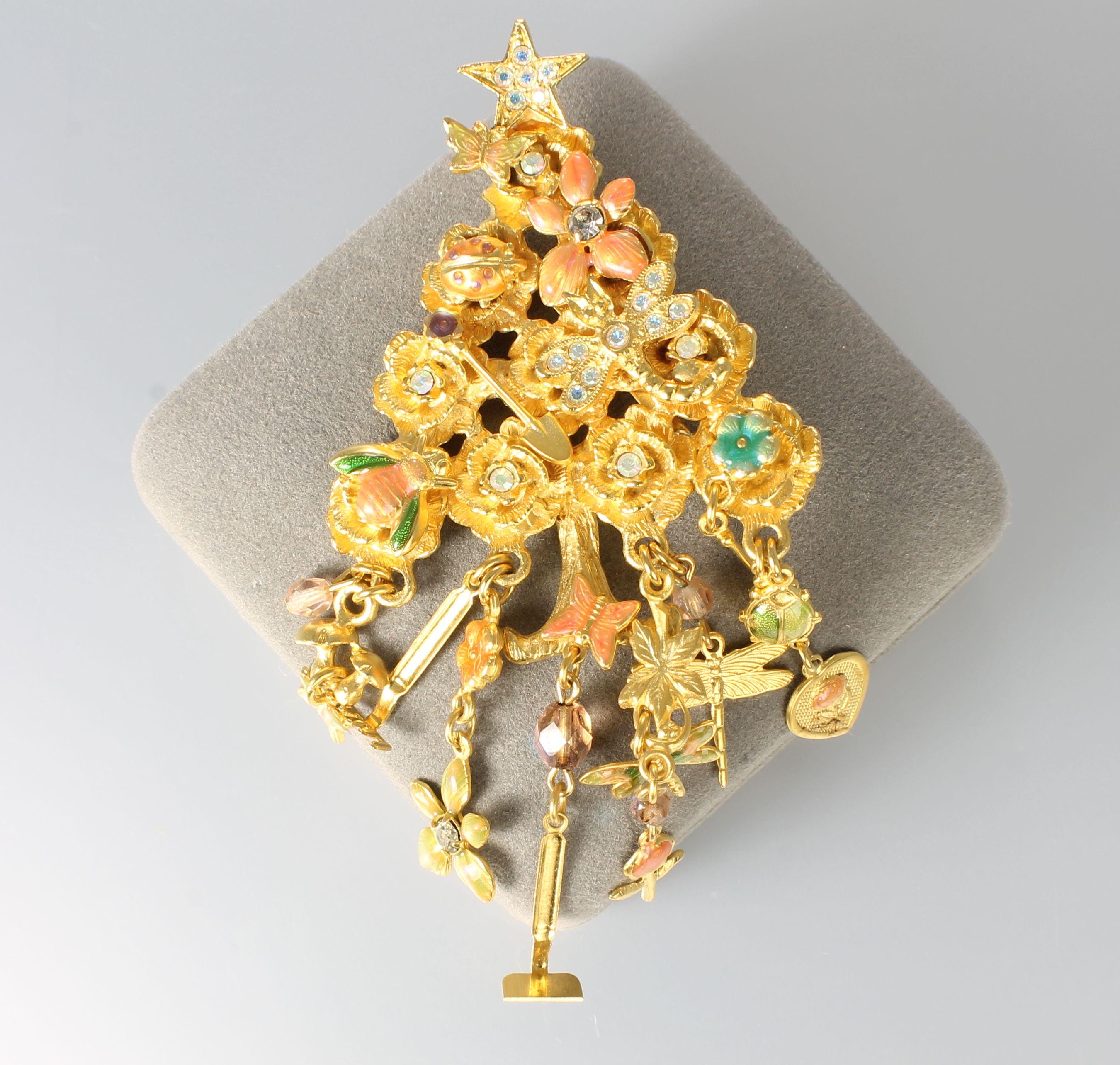 Kirks Folly Christmas Tree Brooch garden lover gold tone dragonfly butterfly 1980s jewelry
