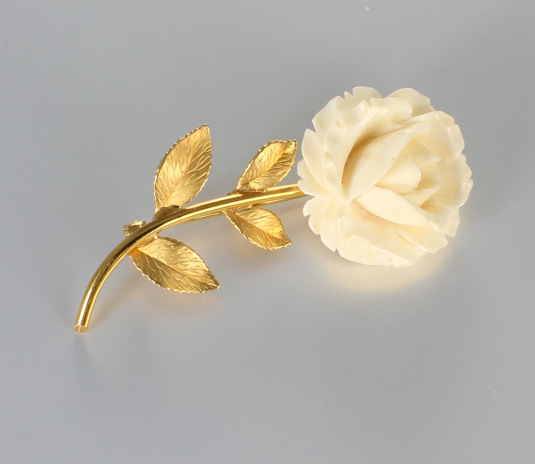 Carved Ox Bone Rose Gold Filled Brooch Signed KL 1970s