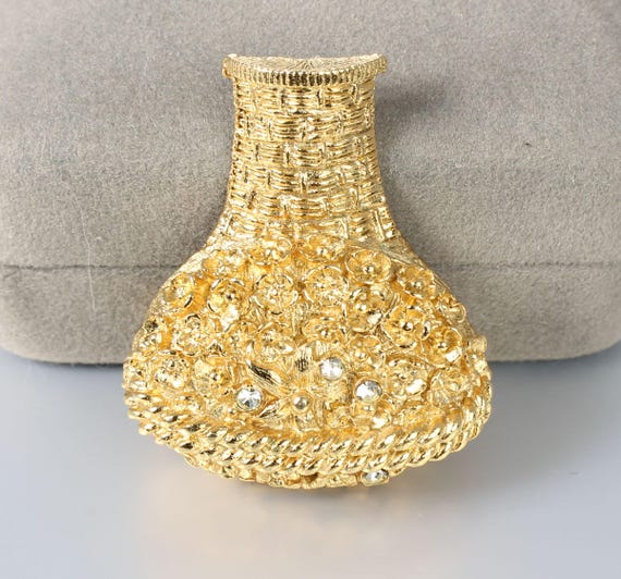 Avon Solid Perfume compact Rhinestone Basket Broo… - image 1