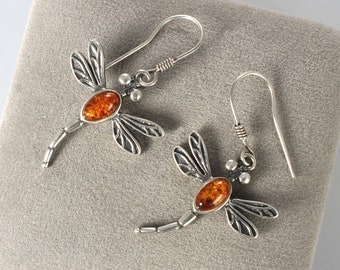Sterling silver Amber Dragonfly Earrings for pierced ears