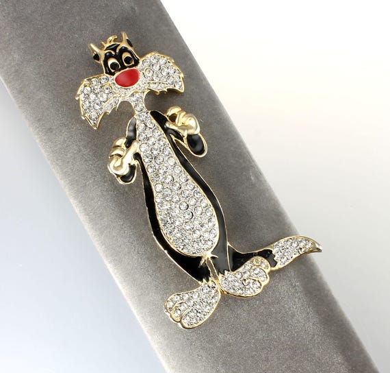 Warner Bros. Sylvester the Cat Clear Rhinestone Black Enamel Brooch