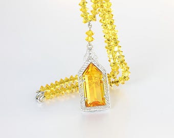 Yellow crystal Art Deco Necklace rhodium plated lavalier style antique 1920s jewelry