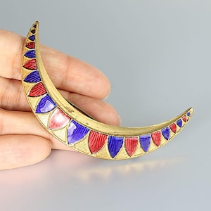 Signed Italy Guilloche enamel Crescent Moon Brooch Red Cobalt Blue 1940s jewelry
