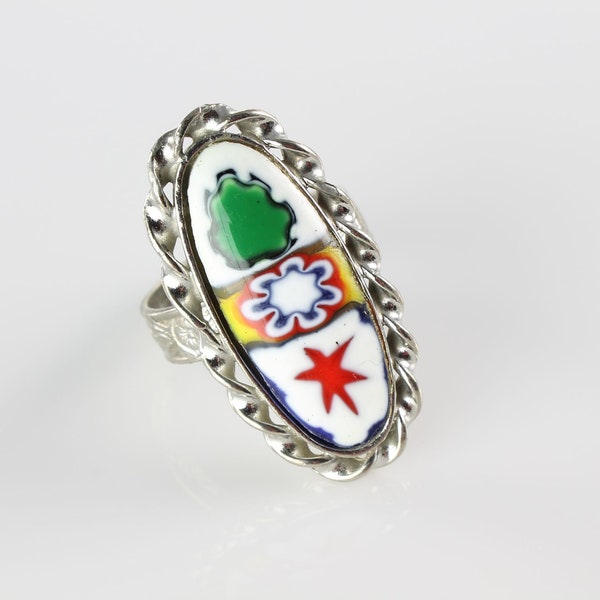 Vintage Oval Millefiori glass Ring embossed silver tone band  1970s jewelry